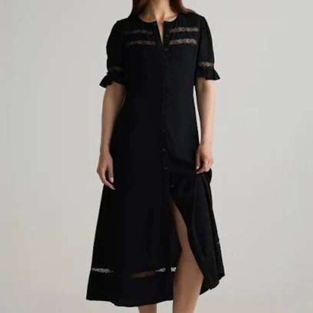 Quince Lightweight Crepe Navy Blue Button Front Lace Inset Midi Dress Size Large